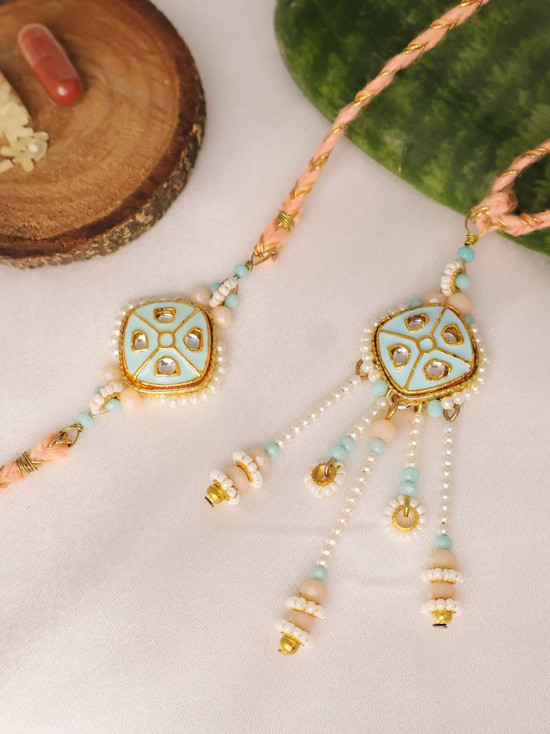 Pastel kundan pearl bhai bhabhi rakhi lumba set with roli chawal capsules