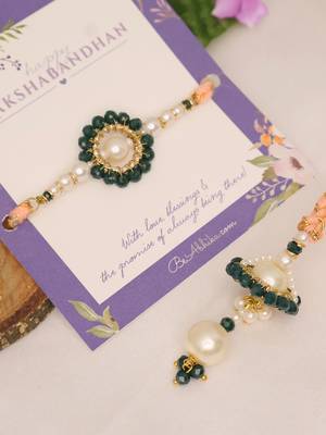 Teal pearl bhai bhabhi rakhi lumba set with roli chawal capsules 5