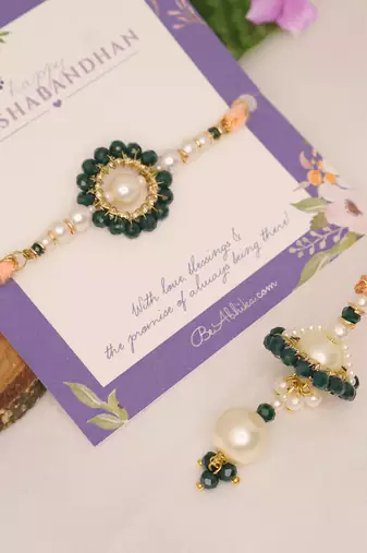 Teal pearl bhai bhabhi rakhi lumba set with roli chawal capsules