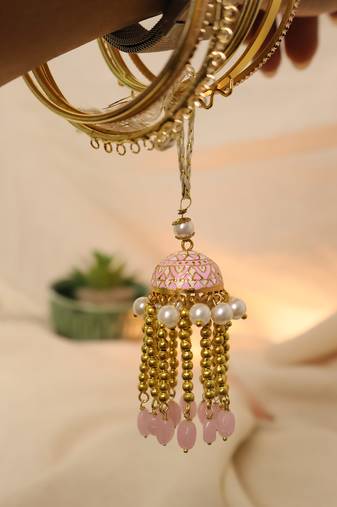 Blush pearl jhumki tassel designer lumba with roli chawal capsules
