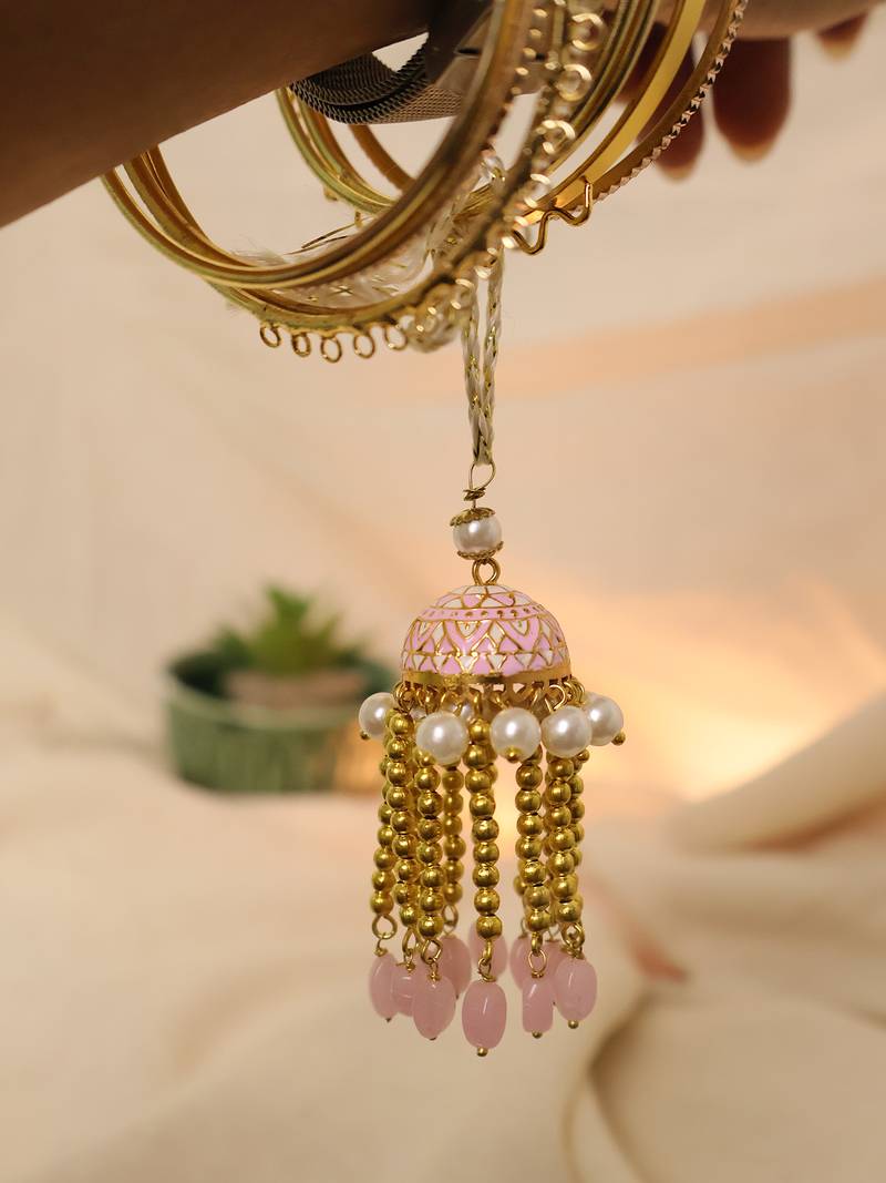 Blush pearl jhumki tassel designer lumba with roli chawal capsules