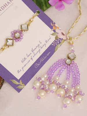 Lavender pearl bhai bhabhi rakhi lumba set with roli chawal capsules 4