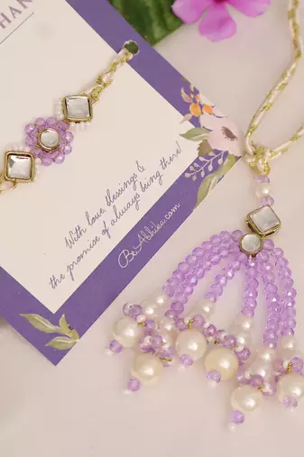 Lavender pearl bhai bhabhi rakhi lumba set with roli chawal capsules