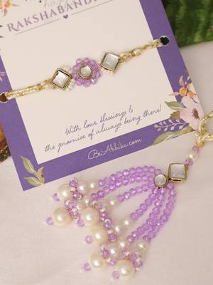 Lavender pearl bhai bhabhi rakhi lumba set with roli chawal capsules 5