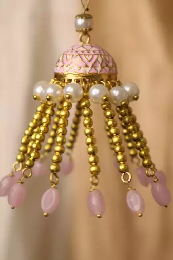 Blush pearl jhumki tassel designer lumba with roli chawal capsules