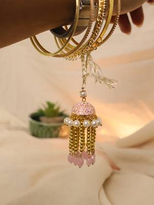 Blush pearl jhumki tassel designer lumba with roli chawal capsules 3