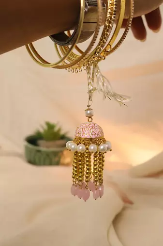 Blush pearl jhumki tassel designer lumba with roli chawal capsules