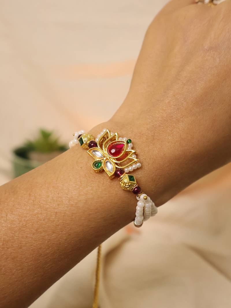 Royal lotus pearl adjustable lumba bracelet with roli chawal capsules