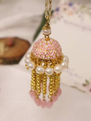 Blush pearl jhumki tassel designer lumba with roli chawal capsules 4