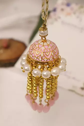 Blush pearl jhumki tassel designer lumba with roli chawal capsules