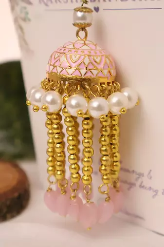 Blush pearl jhumki tassel designer lumba with roli chawal capsules