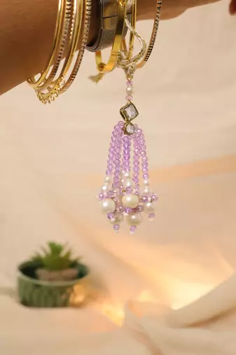 Lavender pearl tassel beaded designer lumba with roli chawal capsules