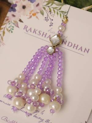 Lavender pearl tassel beaded designer lumba with roli chawal capsules 5