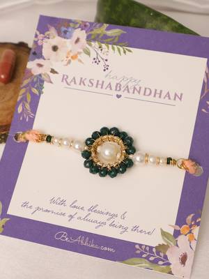 Green pearl floral beaded rakhi with roli chawal capsules 2