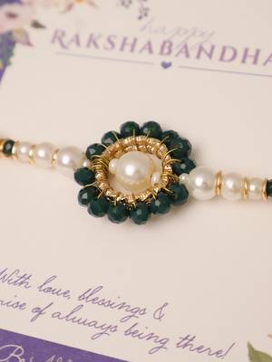 Green pearl floral beaded rakhi with roli chawal capsules 4