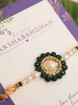Green pearl floral beaded rakhi with roli chawal capsules 5