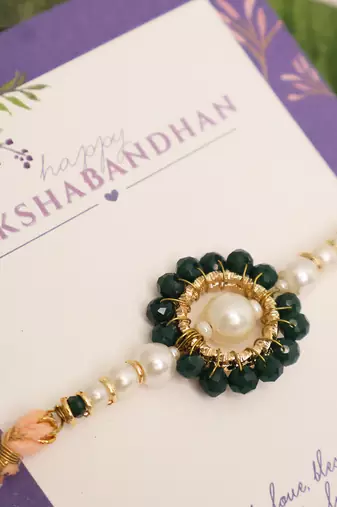Green pearl floral beaded rakhi with roli chawal capsules