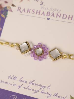 Purple floral pearl stone rakhi with roli chawal capsules 4