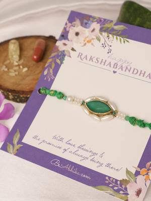 Emerald pearl marquise designer rakhi with roli chawal capsules 2