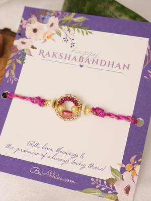 Purple crystal halo beaded rakhi with roli chawal capsules 2