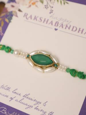Emerald pearl marquise designer rakhi with roli chawal capsules 4