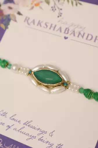 Emerald pearl marquise designer rakhi with roli chawal capsules