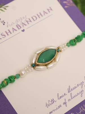 Emerald pearl marquise designer rakhi with roli chawal capsules 5