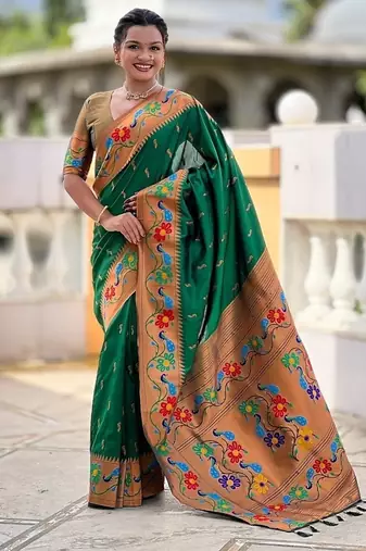 Green silk blend saree with peacock motif zari border