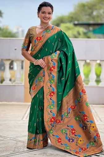 Green silk blend saree with peacock motif zari border