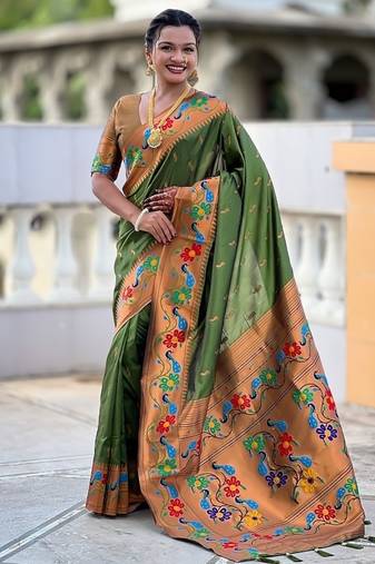Mehendi silk blend saree with peacock motif zari border