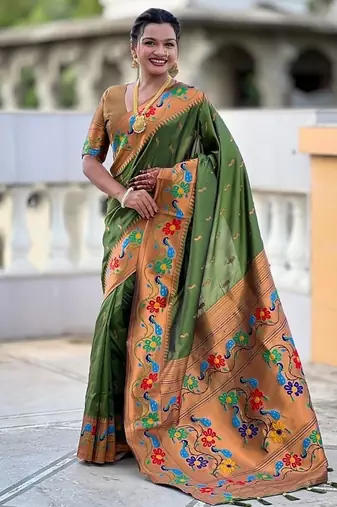 Mehendi silk blend saree with peacock motif zari border