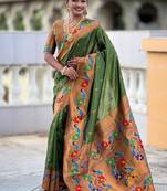 Mehendi silk blend saree with peacock motif zari border
