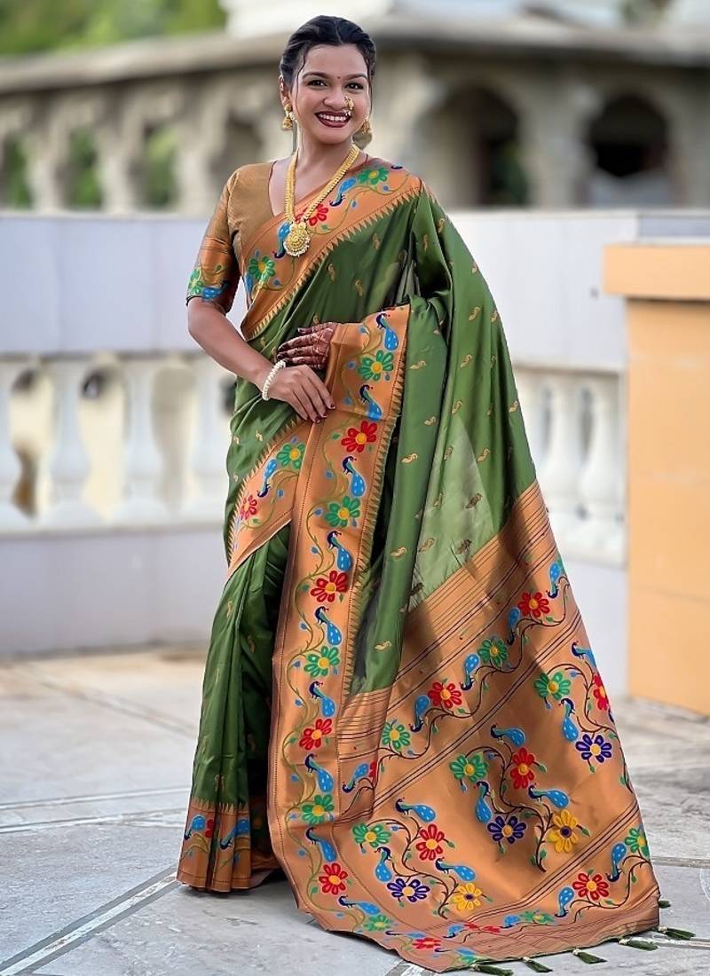 Mehendi silk blend saree with peacock motif zari border