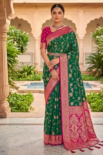 Festive rama banarasi silk blend saree with colorful meenakari border