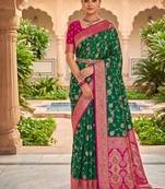 Festive rama banarasi silk blend saree with colorful meenakari border