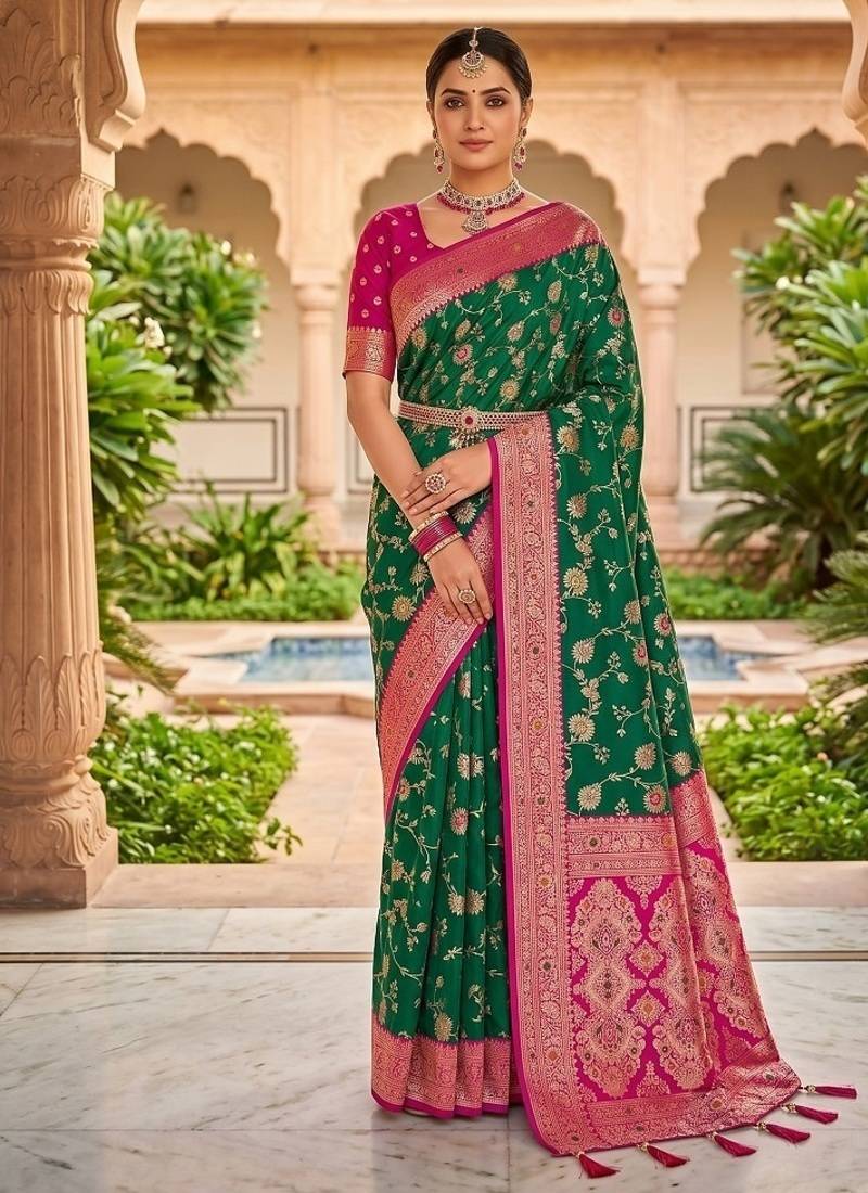 Festive rama banarasi silk blend saree with colorful meenakari border