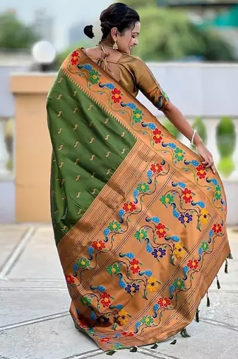 Mehendi silk blend saree with peacock motif zari border