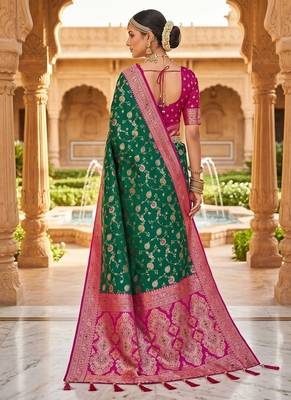 Festive rama banarasi silk blend saree with colorful meenakari border 2