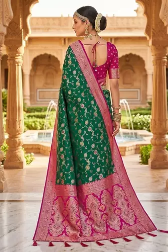 Festive rama banarasi silk blend saree with colorful meenakari border