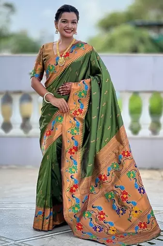 Mehendi silk blend saree with peacock motif zari border