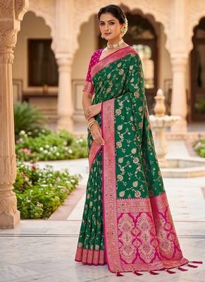 Festive rama banarasi silk blend saree with colorful meenakari border 3
