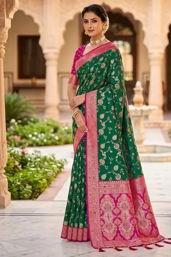 Festive rama banarasi silk blend saree with colorful meenakari border