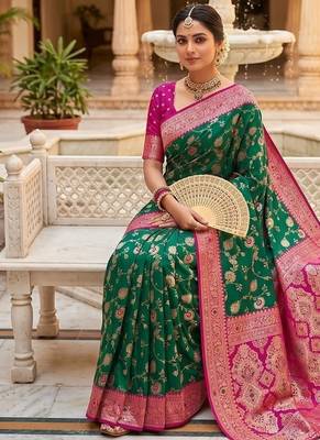Festive rama banarasi silk blend saree with colorful meenakari border 4