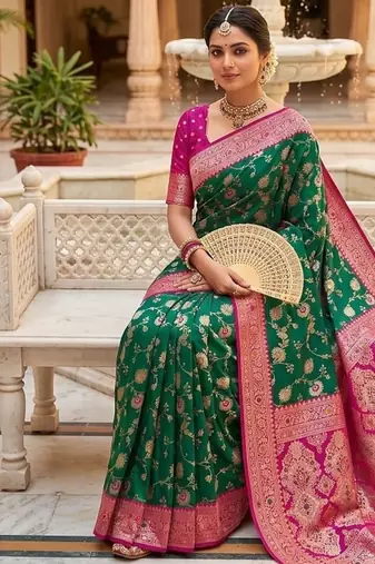Festive rama banarasi silk blend saree with colorful meenakari border