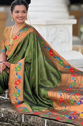 Mehendi silk blend saree with peacock motif zari border