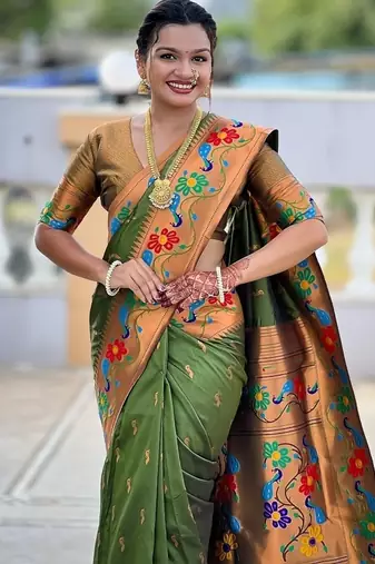 Mehendi silk blend saree with peacock motif zari border