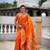 Orange silk blend saree with peacock motif zari border