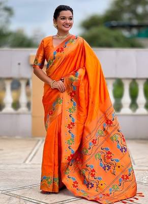 Orange silk blend saree with peacock motif zari border 5