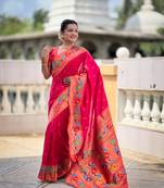 Ranipink silk blend saree with peacock motif zari border
