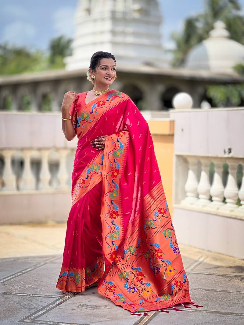 Ranipink silk blend saree with peacock motif zari border
